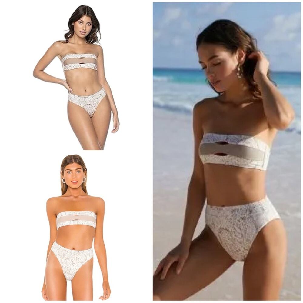PilyQ Color Block Bandeau (D) and High Waist Cheeky Bikini Bottom (M) in Cobra